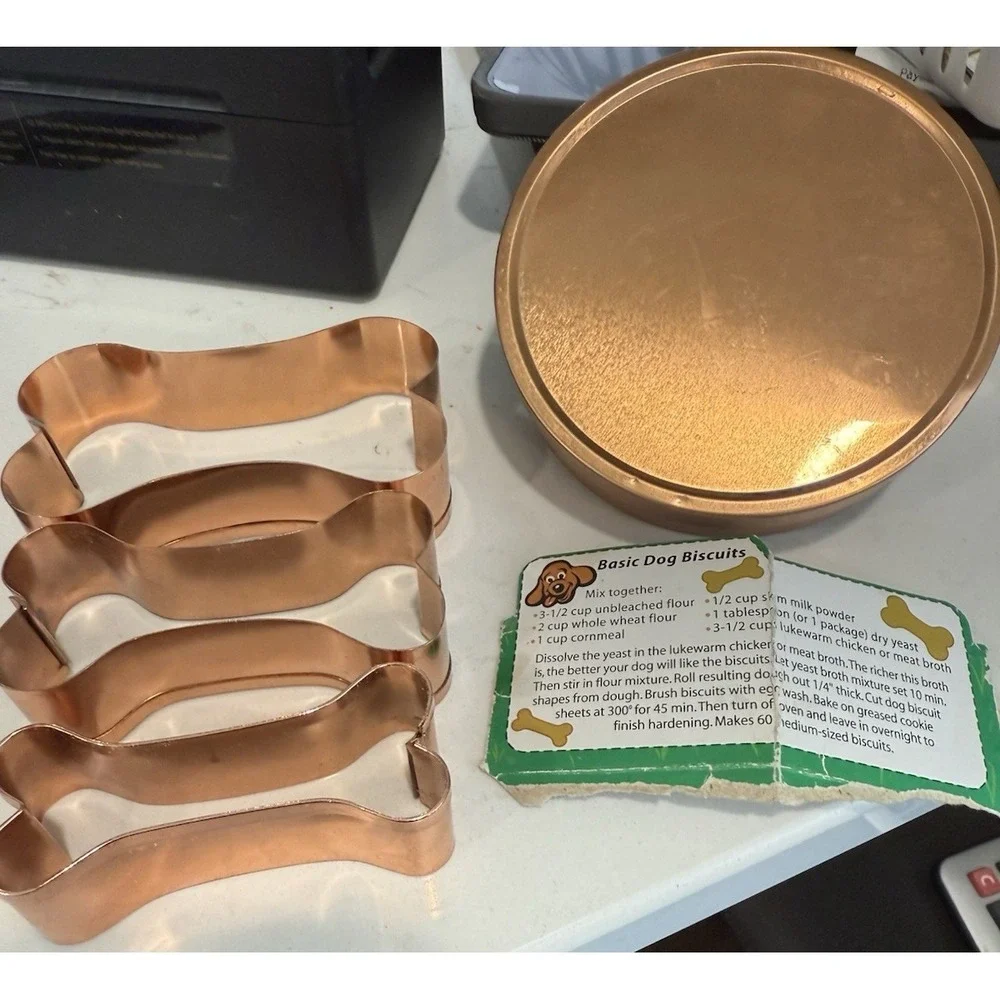 Bone shaped Copper Cookie Cutters Dog Biscuits Lot of 3 + Tin & Recipe